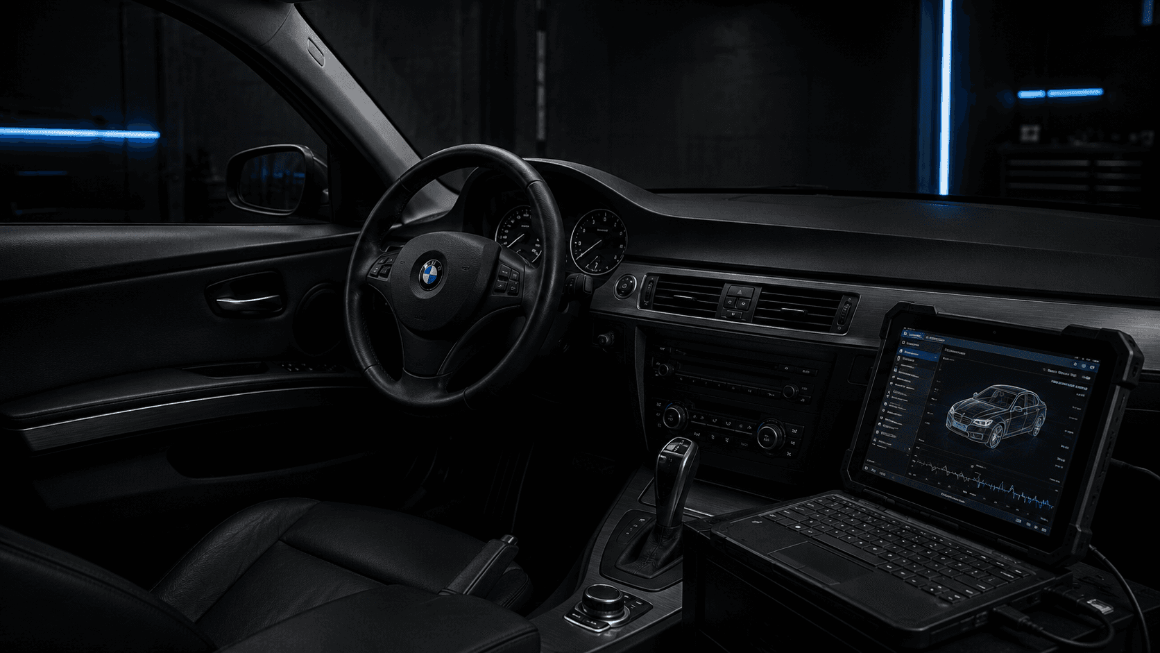 Interior BMW con herramientas de diagnóstico conectadas al vehículo
