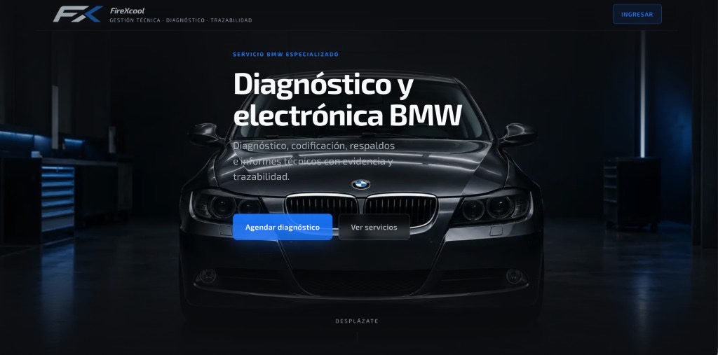Pantalla de inicio de BMW Coding, el servicio de diagnóstico y electrónica de FireXcool